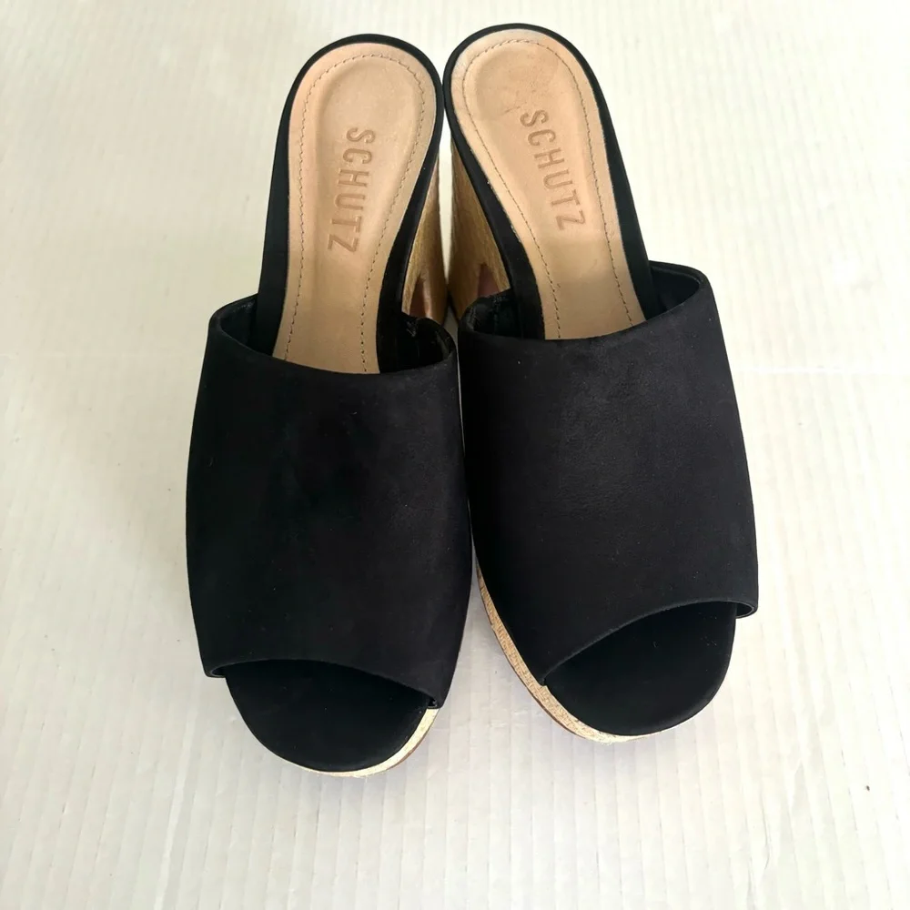 Schutz Tharley Black Suede Open-Toe Platform Block Heeled Mules Sandals Size 6.5